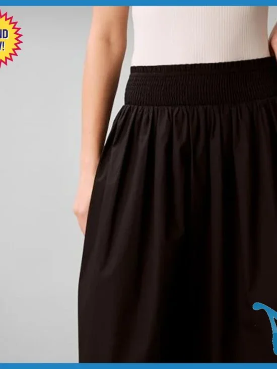 Cotton Poplin Smocked Waist Midi Skirt with Side Pockets - Picture 3 of 5